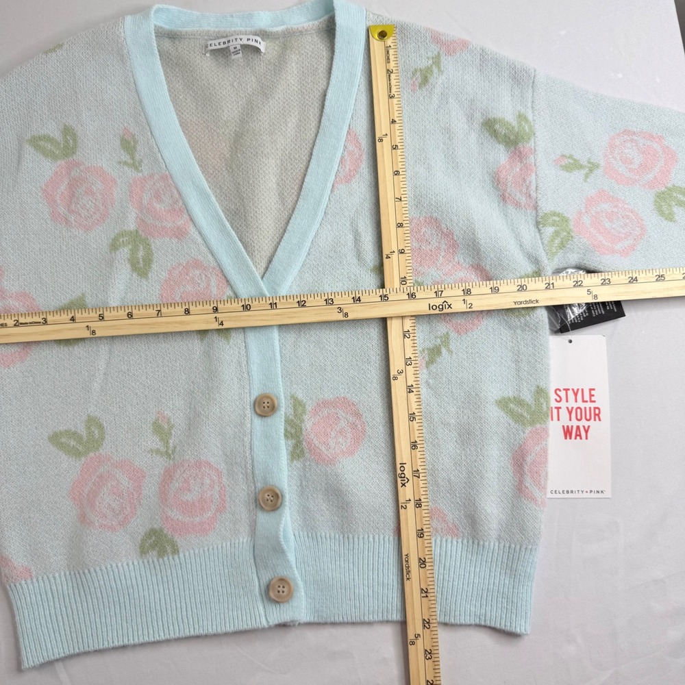 Celebrity Pink Womens Light Blue Pink Rose Floral V-Neck Button Up Cardigan NEW - Picture 8 of 14